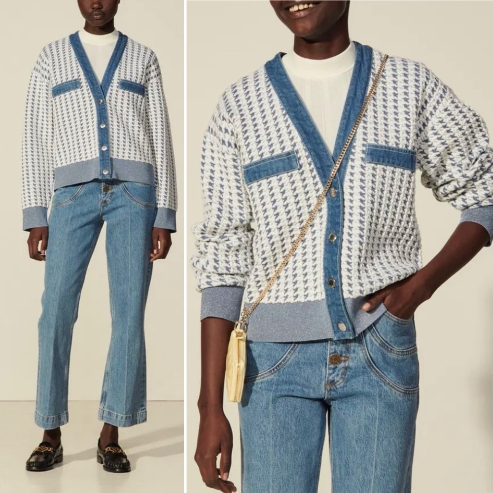 SANDRO Marillys Tweed & Denim Cropped Knit Cardigan Jacket